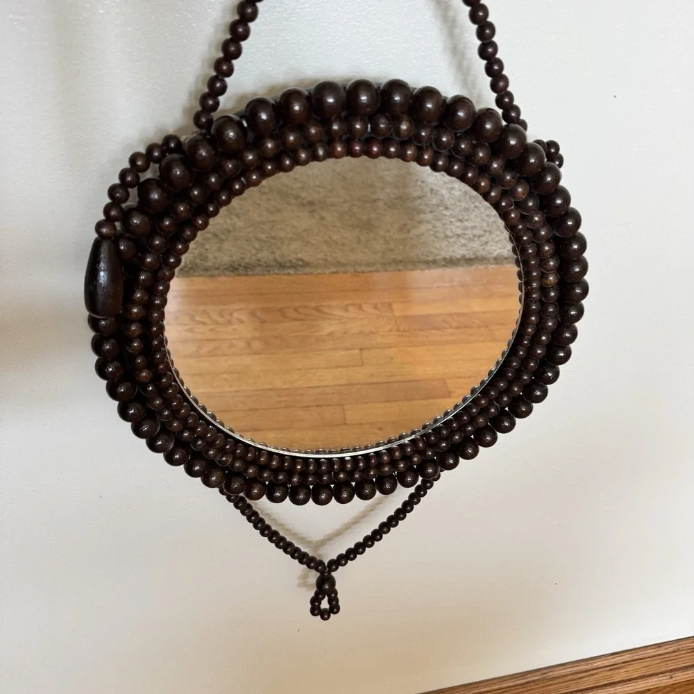 Vintage Hanging Wooden Beaded Round Mirror 1970s Boho Chic Eclectic Accent Wall